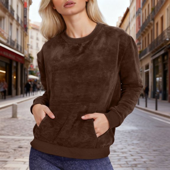 ClodeEU Women's Fleece Sweatshirts,Casual Fasjions Long Sleeve Crewneck Loose Fit Pullover with Pockets Brown,Womens Plus S