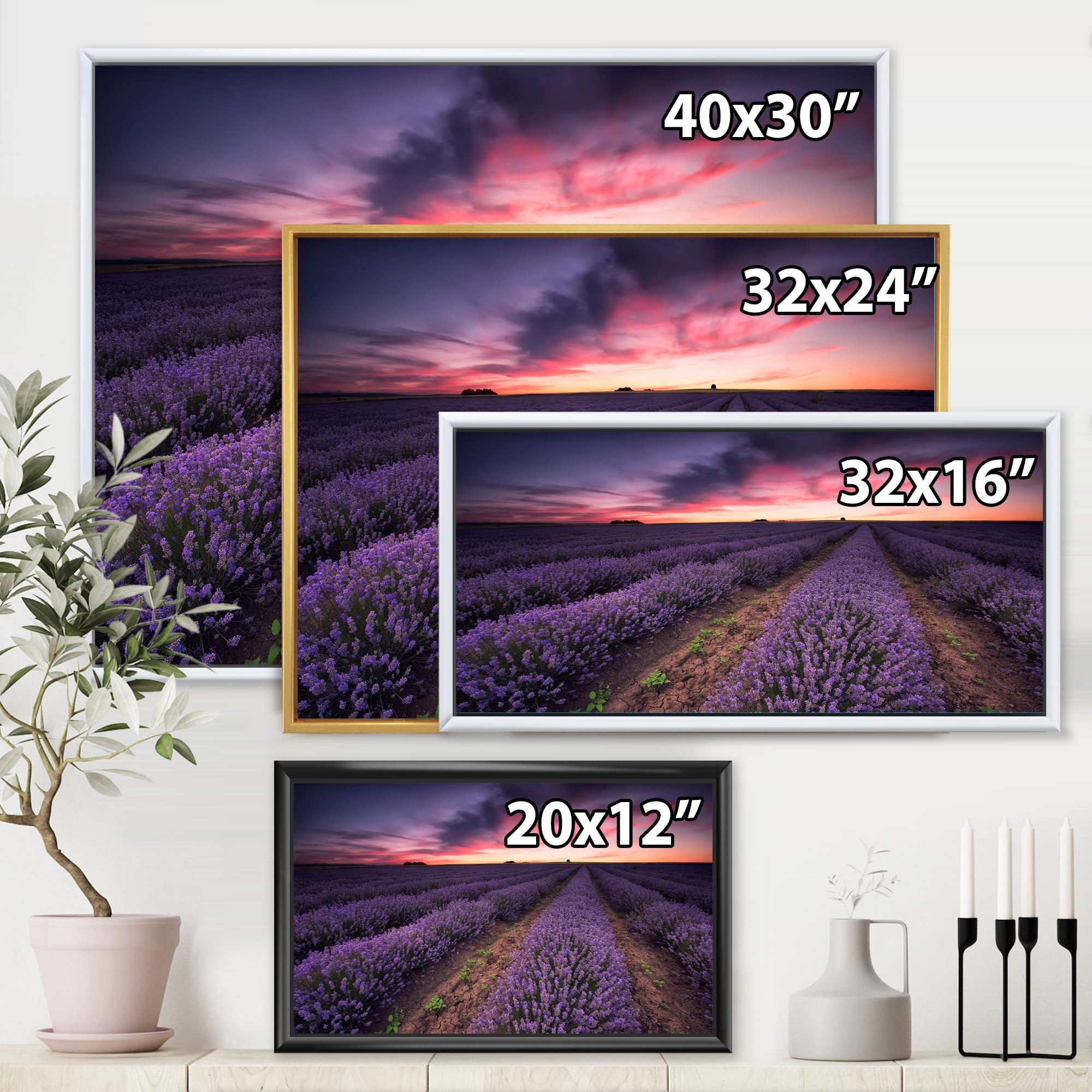 Designart 'Dramatic Clouds and Sunrise Over Lavender Field IX' Farmhouse Framed Canvas Wall Art Print