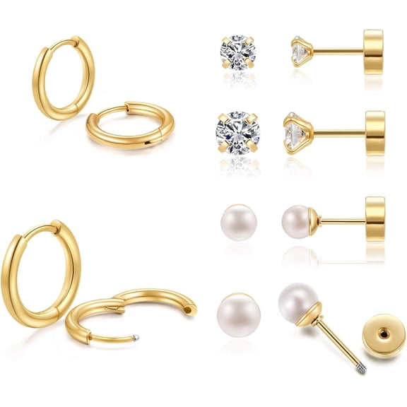 Gold plated Earring Sets for Women Multiple Piercing,14K Gold plated Flat Back Cartilage Earrings and Hoop Earrings Set Hypoallergenic Stainess Steel,Jewelry Gift Set,Pack of 6 Pairs