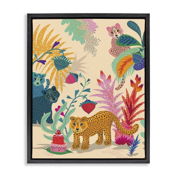 Stupell Industries Eclectic Spotted Leopards with Cake Black Floating Frame Canvas Art, 25 x 31, by Verbrugge Watercolor