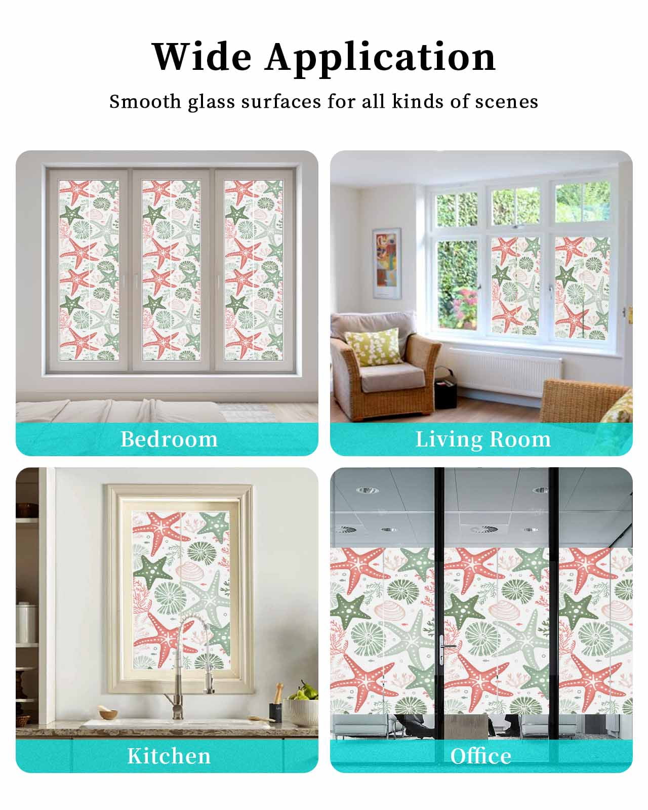 Window Privacy Film,Green Orange Coral Sun Blocking Window Tint Film Heat Control One Way Blackout Window Film,Spring Summer Coastal Starfish Beach Nautical Conch Non Adhesive Static Cling 29.5x78.7