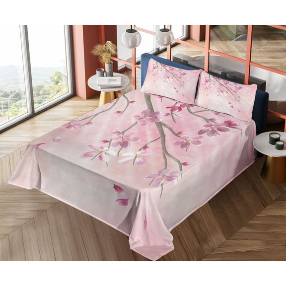 Ambesonne Pink Fitted & Top Sheet Set with Shams, Tree Branch with Flowers, Pink Fuchsia