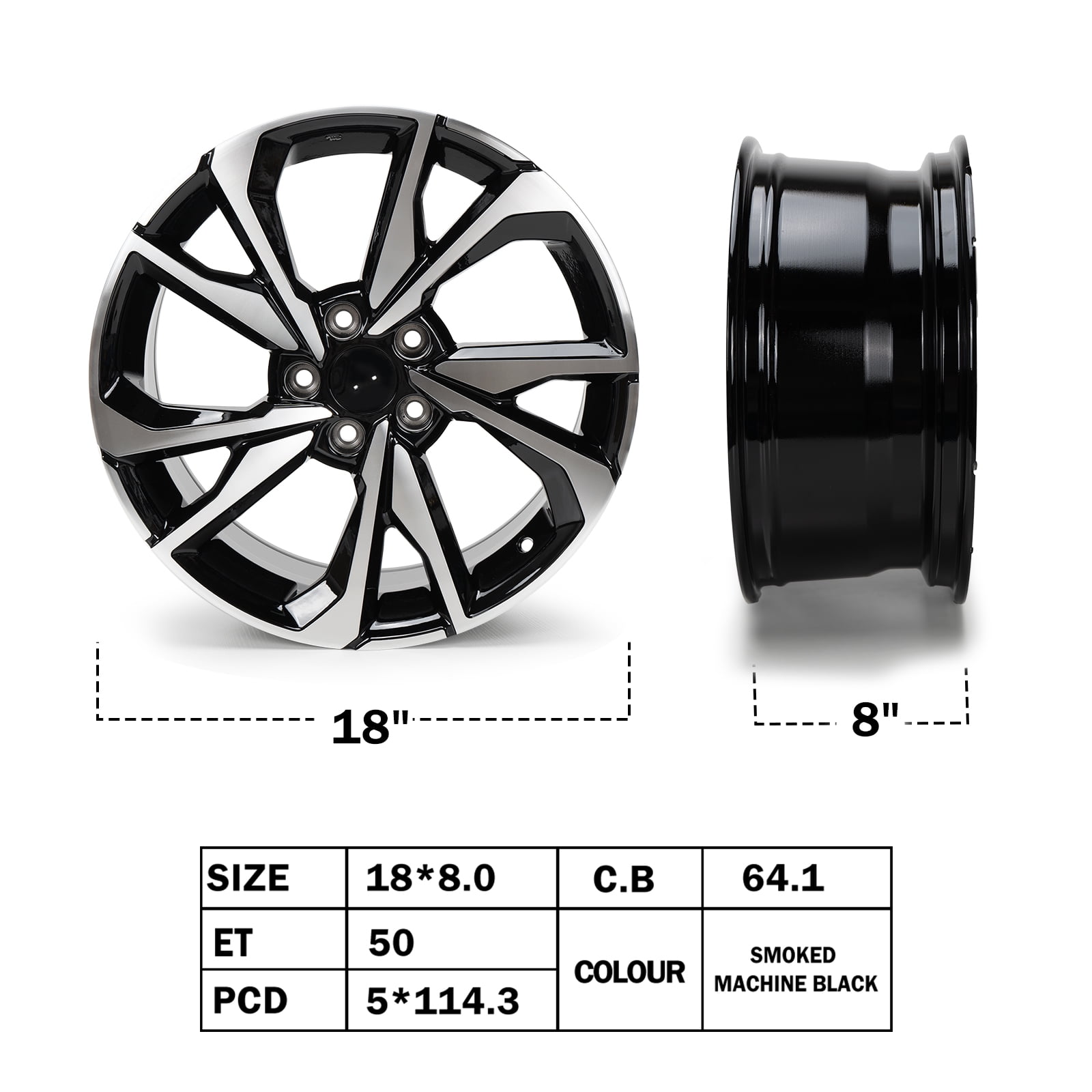 18" Wheel Rim 18x8-inch 5-Lug Black, for 2017-2021 Honda Civic, Replacement Rims