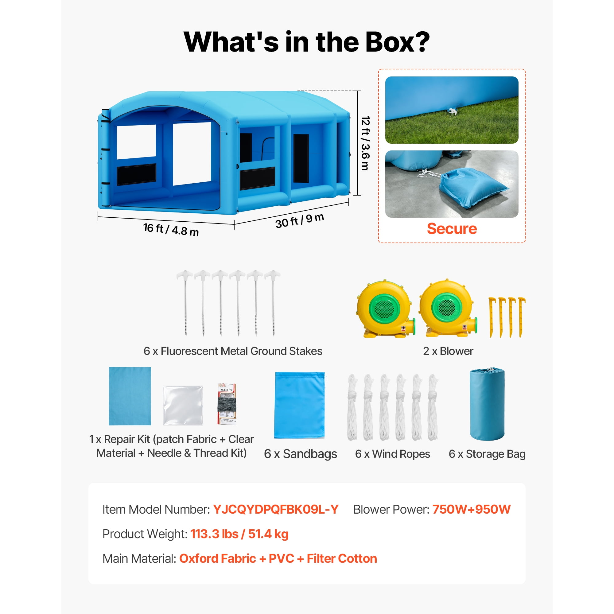 KFFKFF Inflatable Paint Booth, 30 x 16 x 12 ft, Portable Spray Tent with 750W+950W Blowers, Large Filters, Changing Area, Arched Roof for Full-Size Trucks and Small Boats, Blue