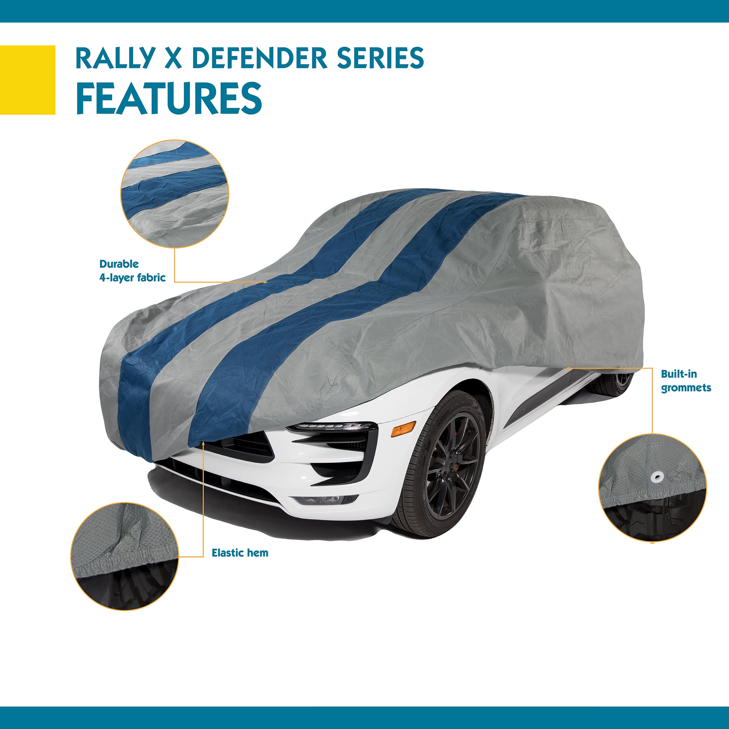 1 Pack Duck Covers A4C157 Rally X Defender Grey with Navy Blue Rally Stripes 157L x 60W x 48H Car Cover Fits Sedans up to 13 ft. 1 in. L