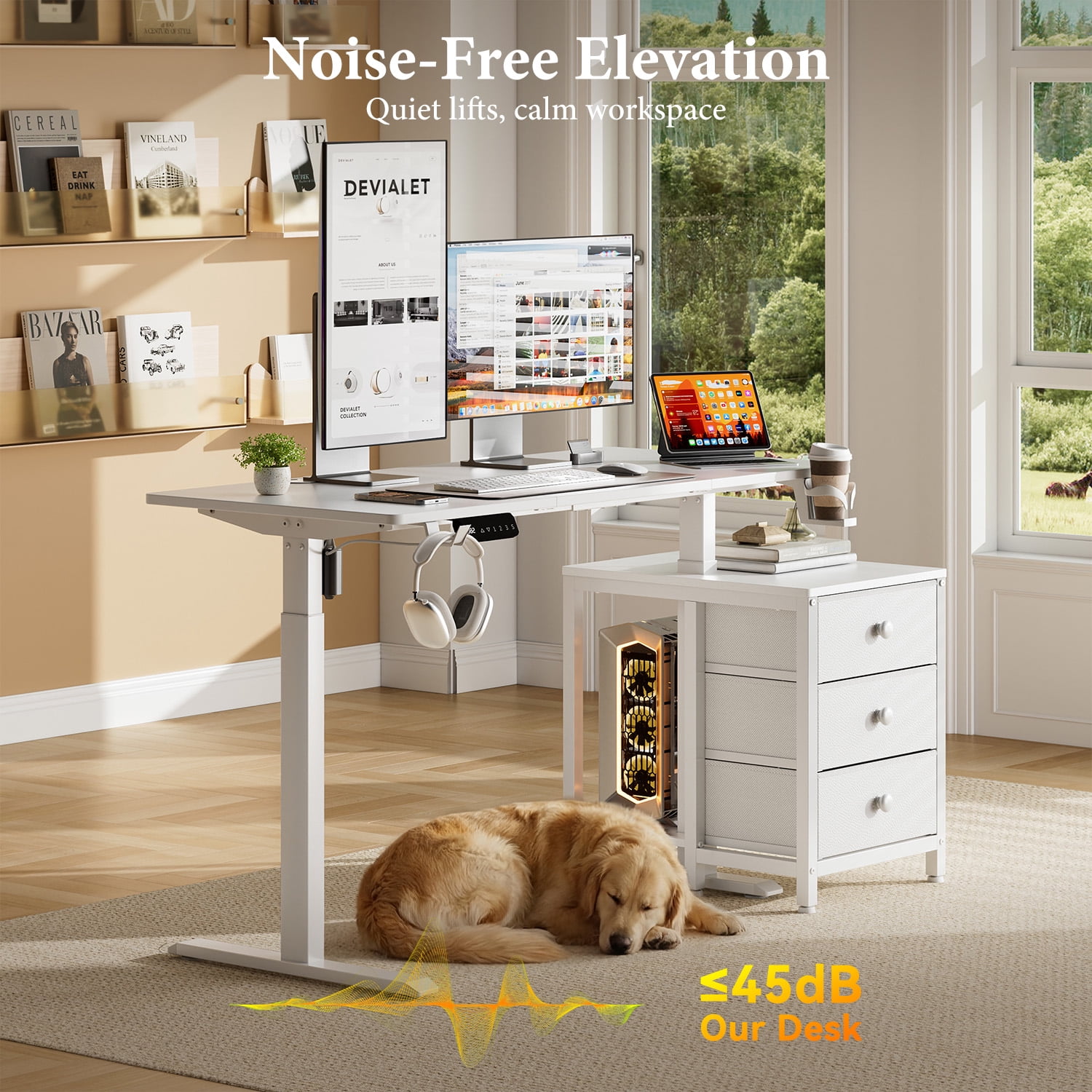 GUNAITO 47.2" Electric Standing Desk with 3-Drawer Cabinet, Adjustable Height Desk with Memory Panel, Office & Gaming Desk，White