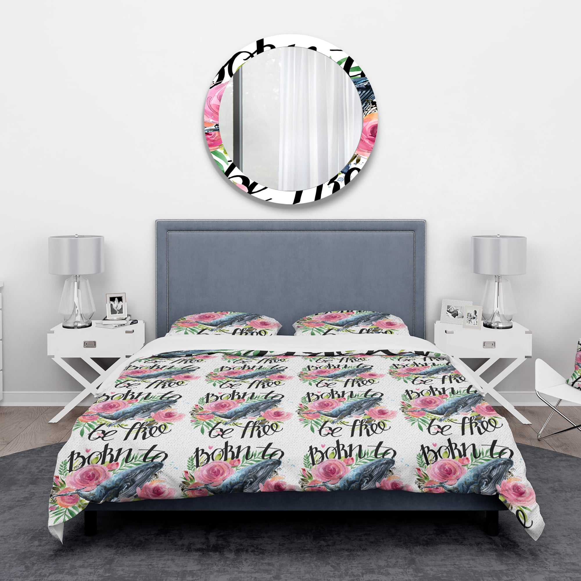 Designart 'Whale and Roses' Traditional Duvet Cover Set