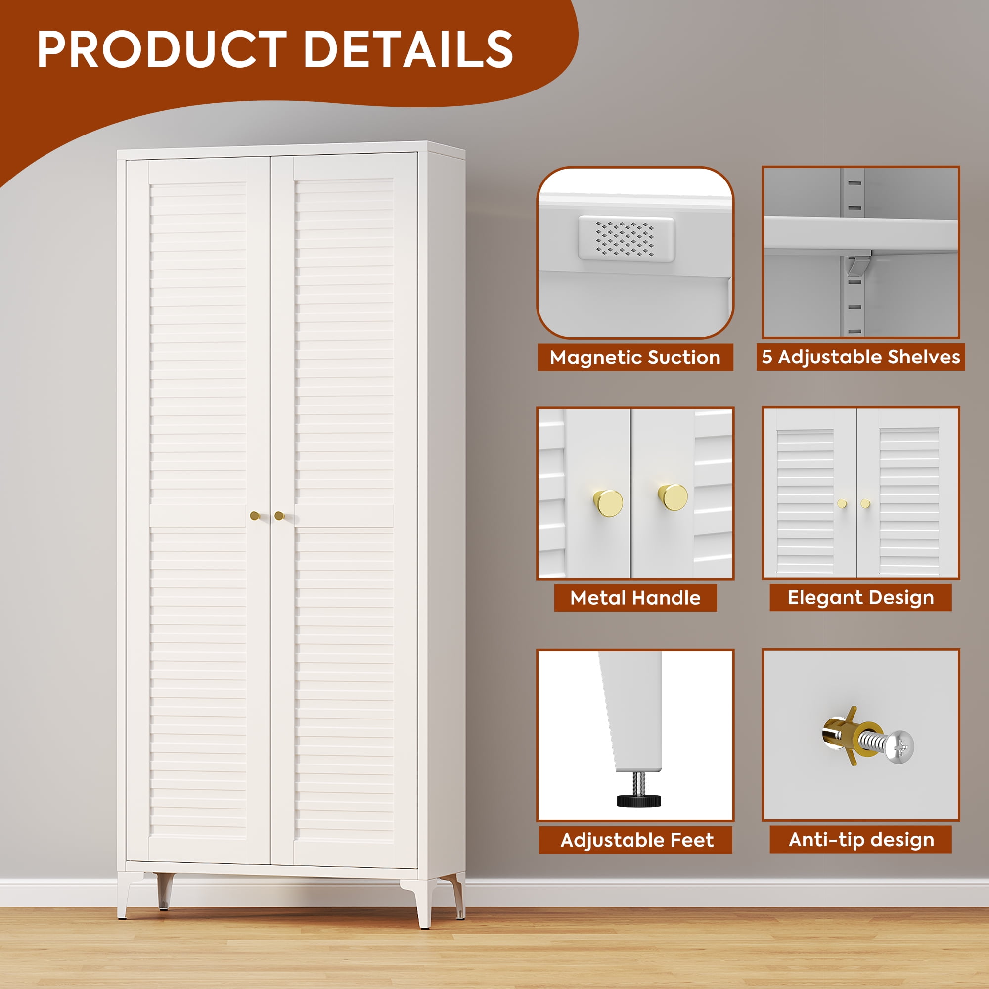 AOBABO Kitchen Pantry Storage Cabinet with 2 Doors,Metal Storage Cabinets with 5 Adjustable Shelves for Kitchen,White