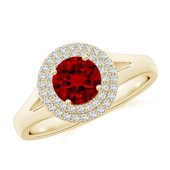 ANGARA Lab Grown 1 Ct Round Ruby Double Halo Engagement Ring for Women in 14K Yellow Gold (Size-6mm) | July Birthstone, Birthday, Anniversary, Jewelry Gift for Women | Lab-Grown Ruby Ring