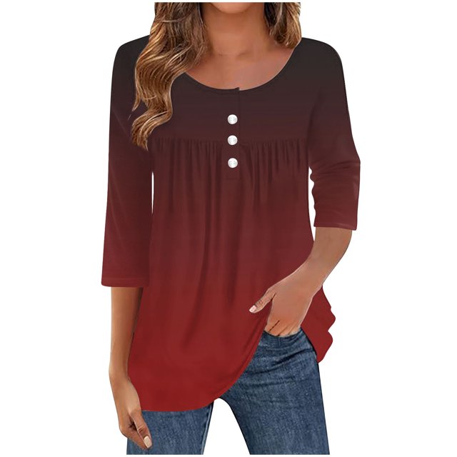 JGGSPWM Tuniques pour Femmes Tendance Coupe Ample Chic Chandails à Manches Longues Mode pour Femmes Col en V à Boutons Haut d'Automne T-Shirts Rouge G