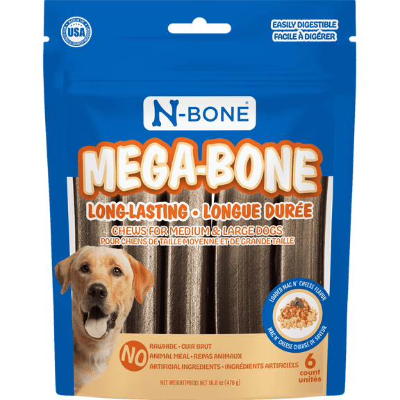 N-Bone Mega-Bone Dog Bones, Long Lasting Chew Bones, Dental Treats for Medium Dogs and Large Dogs, Mac N' Cheese Flavor, 6 Count, 16.8 oz