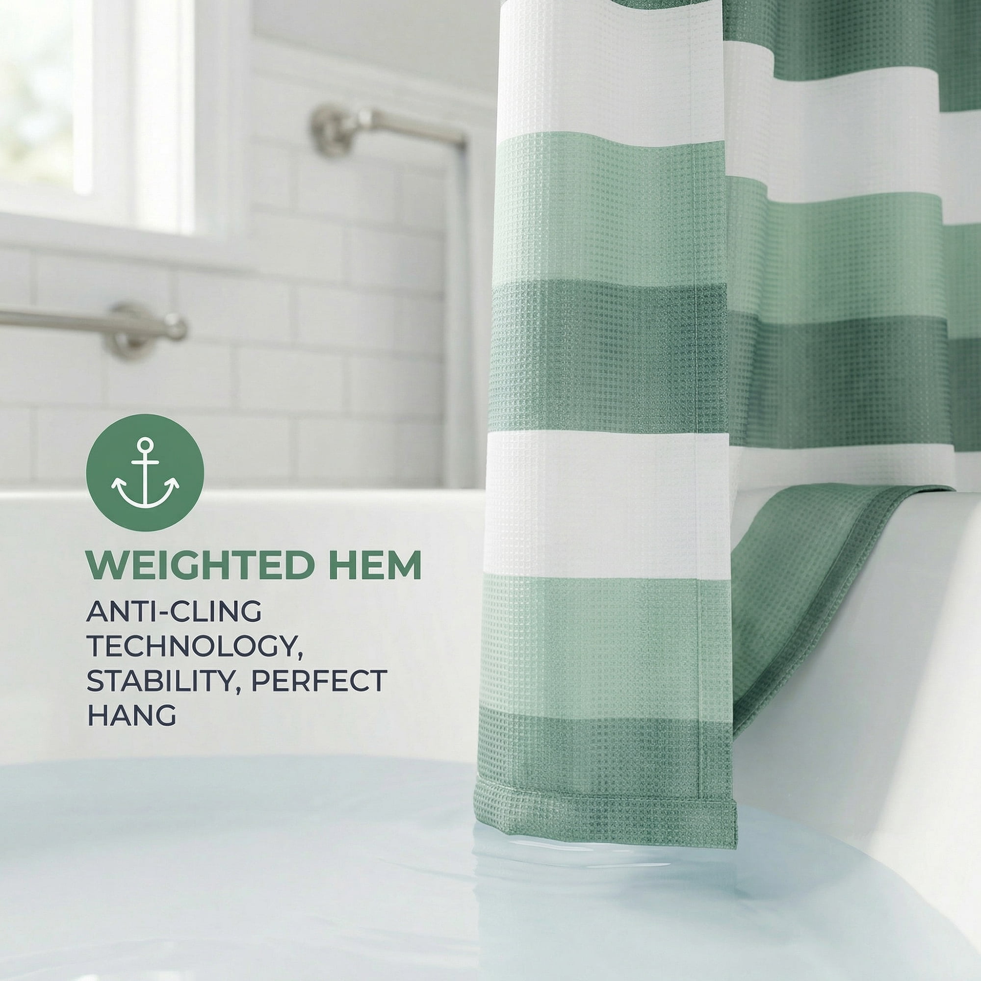 Unique Bargains Waffle Stripe Shower Curtain Sets with 12 Hooks Green 71"W x 71"L
