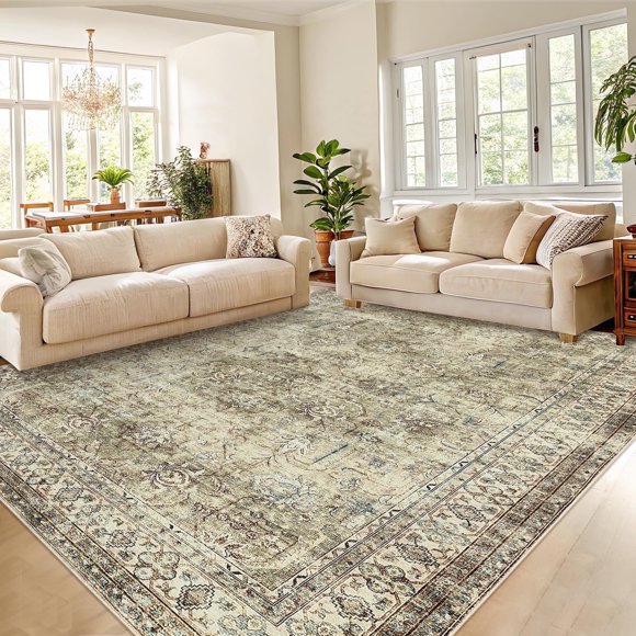 4'x6' Vintage Persian Area Rug – Non-Slip Machine Washable Low-Pile Brown Carpet for Living Room