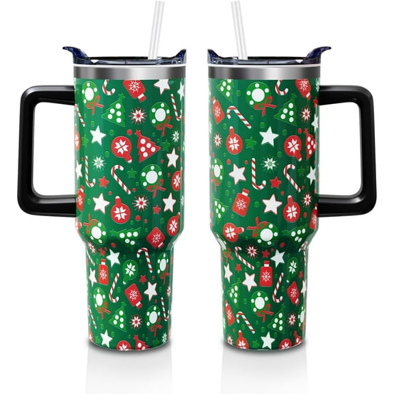 Green Christmas Cup Gifts for Women Men, Cute Candy 40oz Tumbler with Handle and Straw, Xmas Winter Stainless Steel Insulated Water Bottle (1 PC)