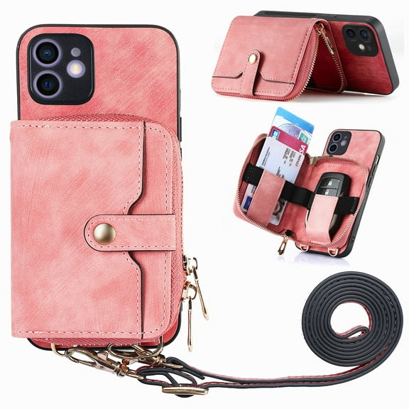 for iPhone 12 Wallet Case, Crossbody Phone Purse with Card Holder for Women, Zipper PU Leather Carrying Cover Gift with Shoulder Strap Kickstand Anti-drop for iPhone 12 - Pink