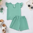 thumbnail image 3 of Kucnuzki 3T Toddler Girl Summer Outfits Shorts Sets Fly Sleeve Pure Color Casuak Tee Top Elastic Shorts 2PCS Set Green, 3 of 8