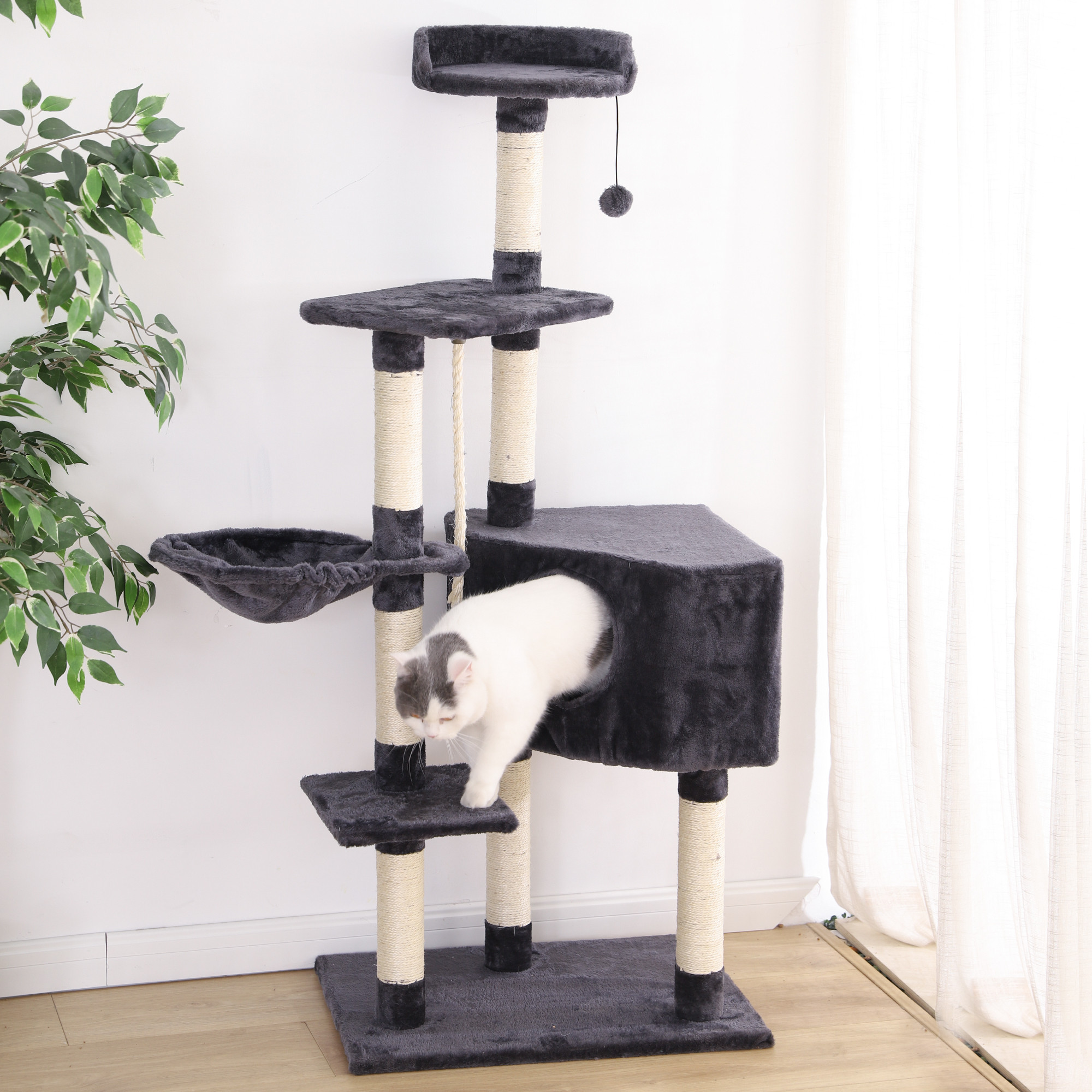 55.1" MutiTier Dark Gray Cat Tree Towel, Cat Play Furniture