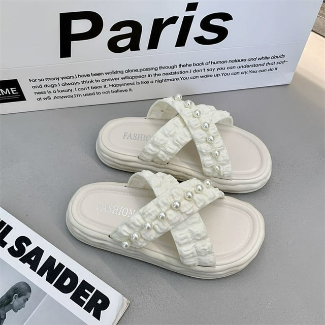 Sandalias y zapatillas de perlas estilo hada, ropa exterior para mujer, zapatos de tacón de plataforma de gama alta para verano estilo playa