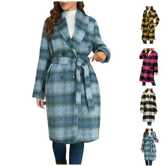Winter Plaid Jackets for Womens Fashion Plus Size Casual Trundown Collar Outwear Coat Long Sleeve Pockets Plaid