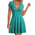 thumbnail image 2 of Summer Dresses for Women Casual V Neck Short Sleeve Loose Flowy Floral Pleated Beach Vacation Mini Dress,Sizes S-3XL, 2 of 6
