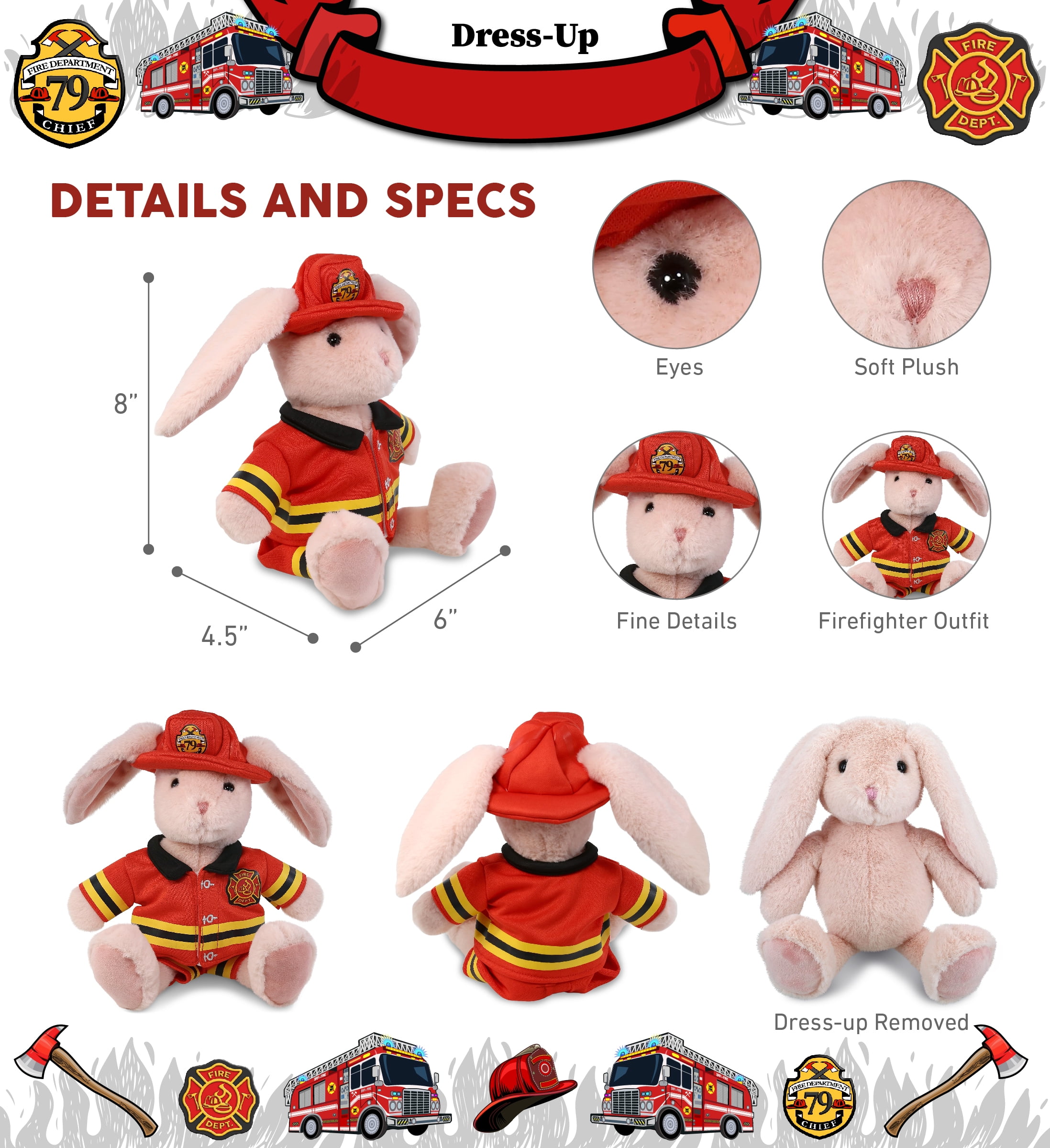 DolliBu Baby Pink Rabbit Firefighter Stuffed Animal - Rabbit Fireman Toy with Red Fireman Costume Outfit and Fireman Hat, Cute Wild Life Stuffed Animal Fire Fighter Doll Plush Toy for Kids - 8 Inch