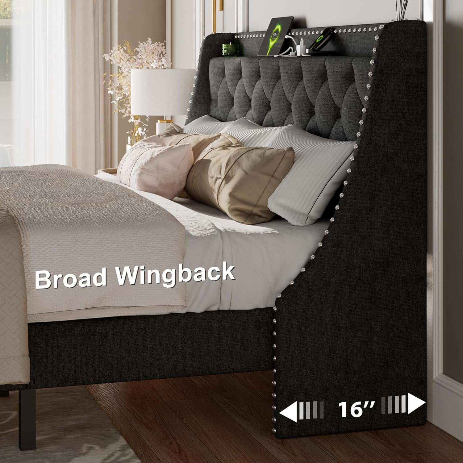 Feonase King Size Bed Frame with Luxury Wingback and Fast Charging Station,King Platform Bed Upholstered Button Tufted Storage Headboard,Sturdy Wooden Slats Support,Easy Assembly,Noise-Free,Dark Gray