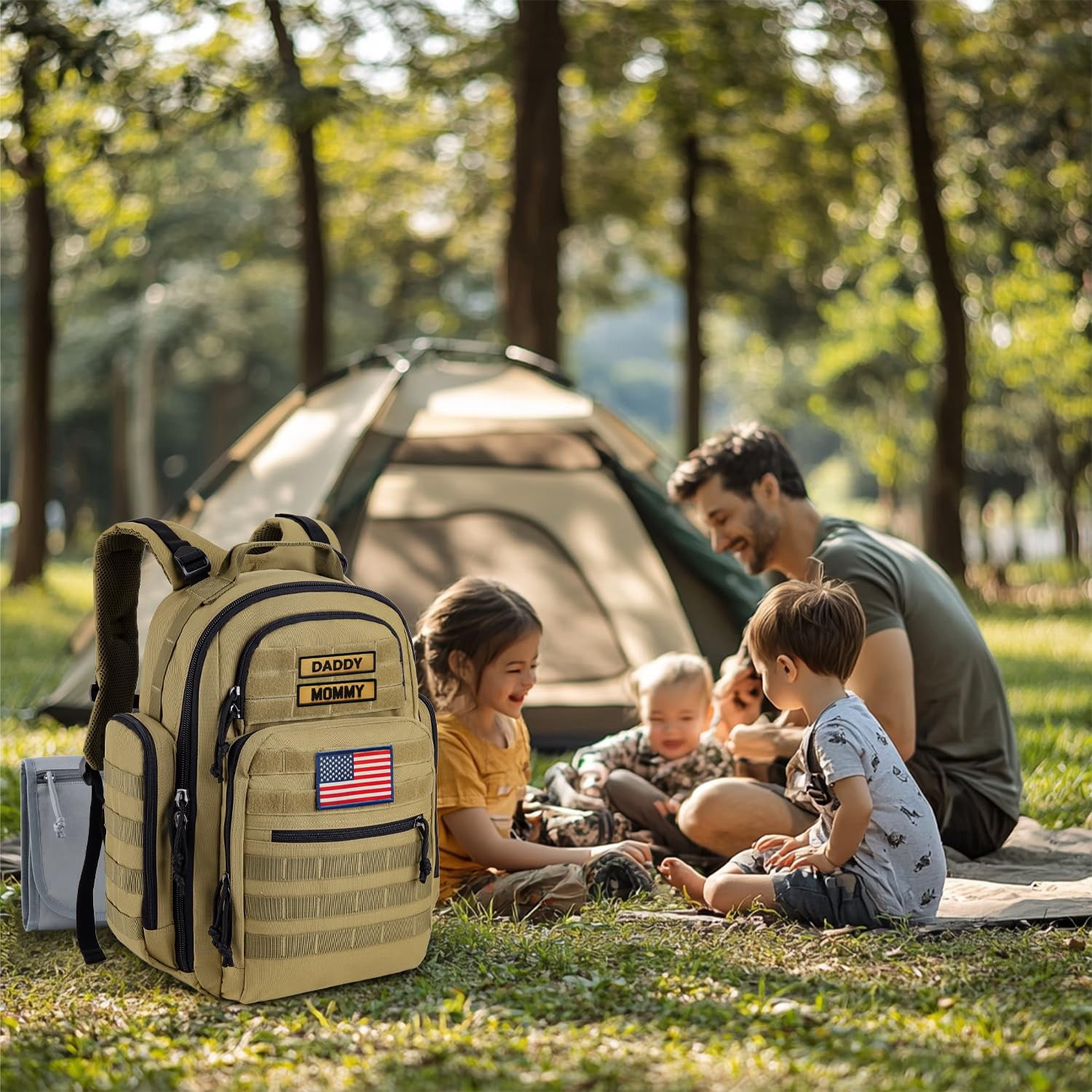 SharkMouth Baby Diaper Bag for Men - Large Military Daddy Gear Backpack with Changing Pad for Travel Camping Hiking - Army Style for Active Dad Tan