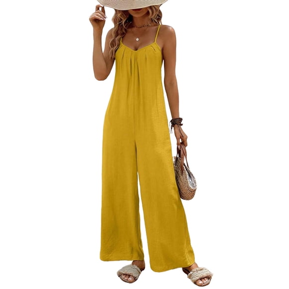 HomeGardon Jumpsuits for Women Casual Summer Overalls with Pockets Comfy Strapless Adjustable Buckles Beach Vacation Trendy Beach Vacation