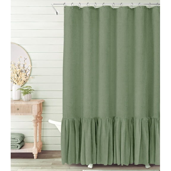 NixiYa Farmhouse Shower Curtain Ruffle Linen Shower Curtain for Bathroom 72"x72" Green