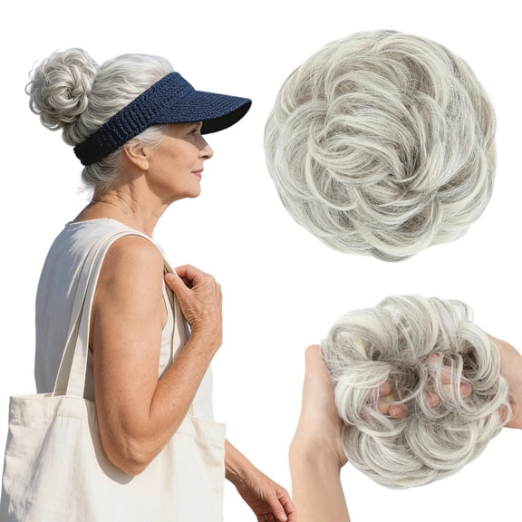 Grey Wavy Messy Bun Hair Extension, Fake Hair Donut Clip In Updo, Instant Volume Boosting Hairpiece with Elastic Band for Thin Hair, Quick Easy Styling for Daily Wear Parties Cosplay