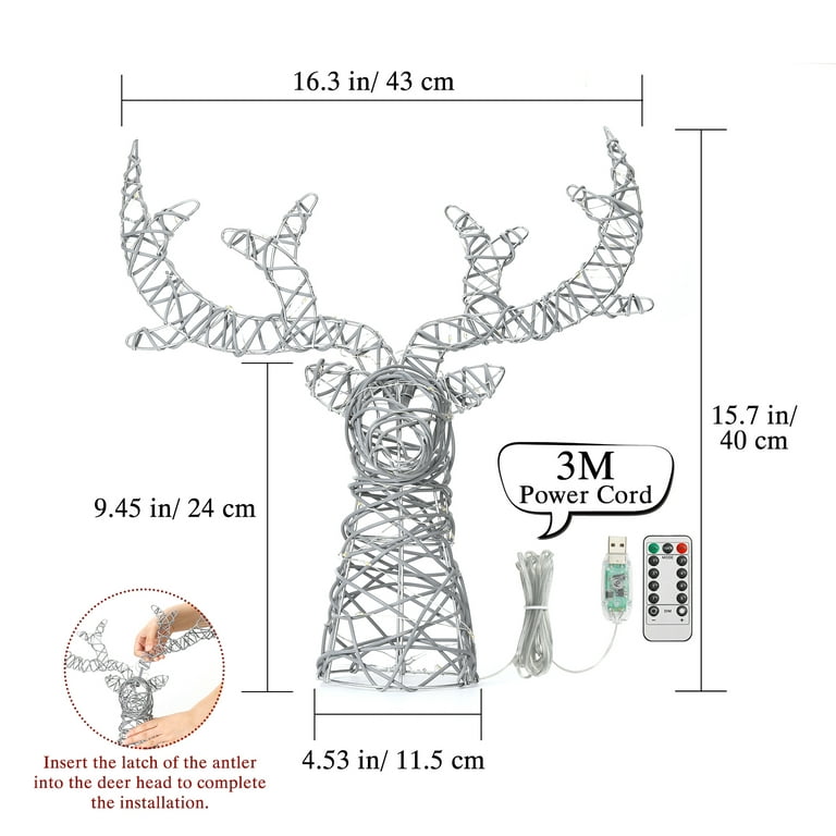 Lewondr Christmas Tree Topper, Remote & USB Operated Tree Topper with  Lights 6H Timer, Metal Frame Deer Tree Topper with 50 Warm Light Beads for  Holiday Home Xmas Tree Decoration,Brown 