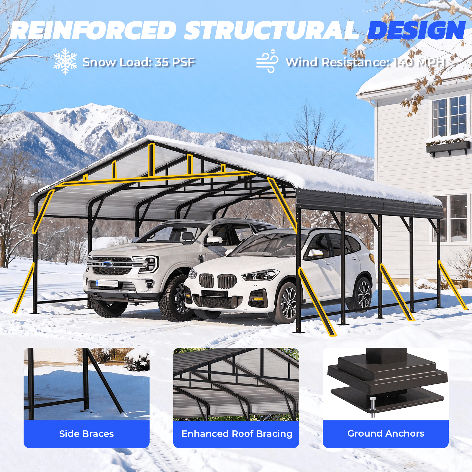 EROMMY Carport 20x20 FT,Heavy Duty Carport with Reinforced Steel Braces & Galvanized Steel Roof and Frame 2 Cars, Boats and Tractors