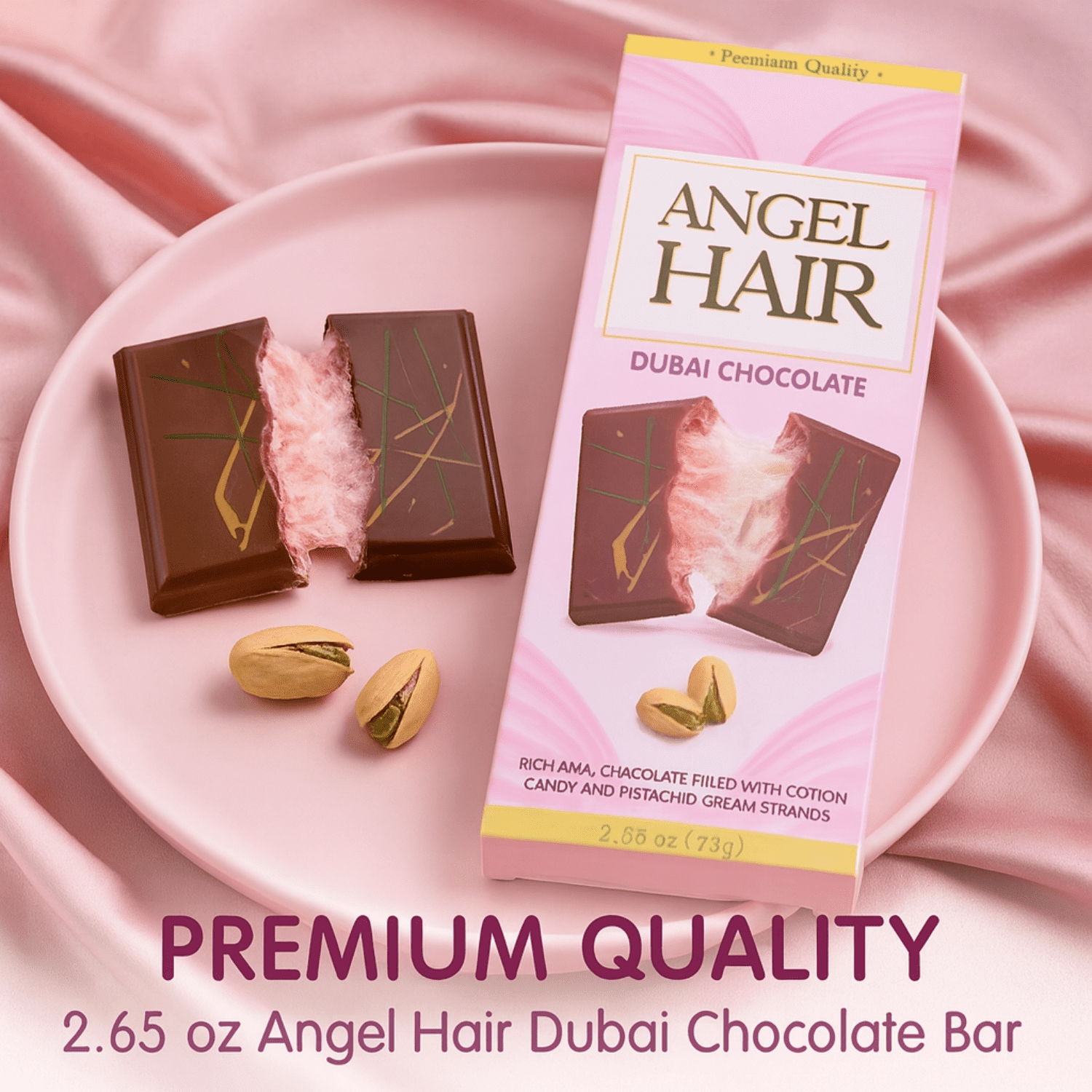 Zimply Foods 2 Pack 2.65 Oz Angel Hair Dubai Chocolate Bar - Pink Chocolate Bar - Premium Dubai Chocolate Candy with Milk Chocolate, Cotton Candy & Pistachio Cream Strands, Luxurious Layers