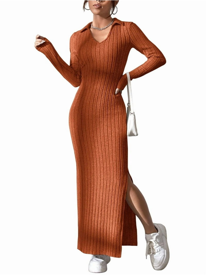 brown ribbed collar dress Turtleneck Ribbed Sweater Dress with Front Slit (Light Brown) Medium / Light Brown
