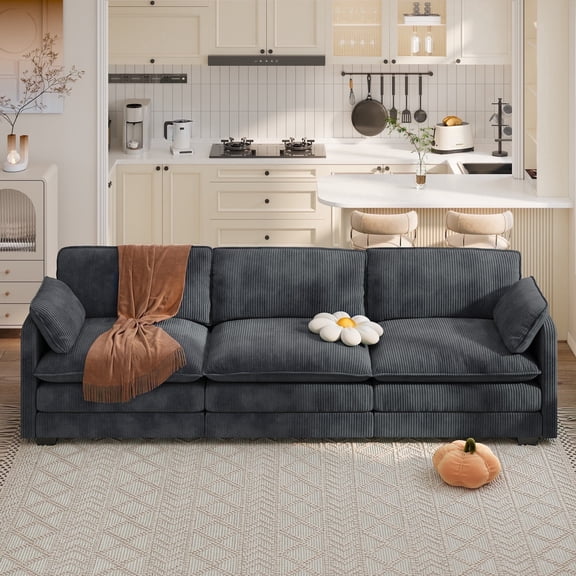 3 Seater Sectional Couches for Living Room Noelse Cloud Sectional Sleeper Sofa with Double Layer Upholstered Seat Cushion Corduroy Deep Seat Sofa Couches for Living Room Bedroom and Apartment, Grey