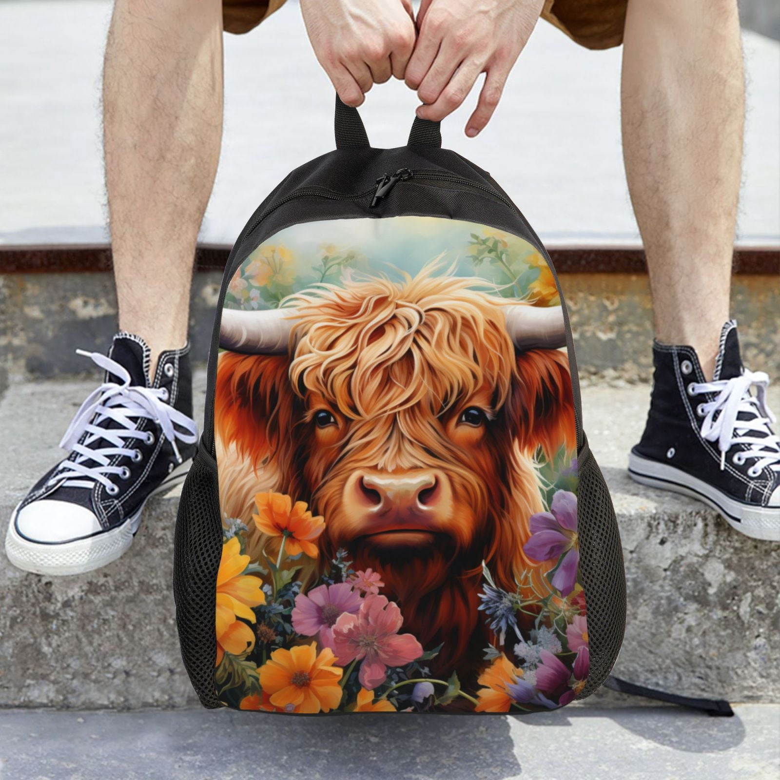 Horeoi Countryside Colorful Floral Cow Print Waterproof 600D Oxford Laptop Backpack for School Travel Work - Lightweight Durable Bag with Adjustable Straps