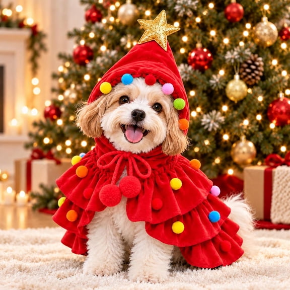 Dog Christmas Outfit, Christmas Tree Cape Costume for Pets,Christmas Cat Clothes, Soft Fabric with Star Accent Adjustable for Holiday Photos Family Gatherings Parties Seasonal Gifting