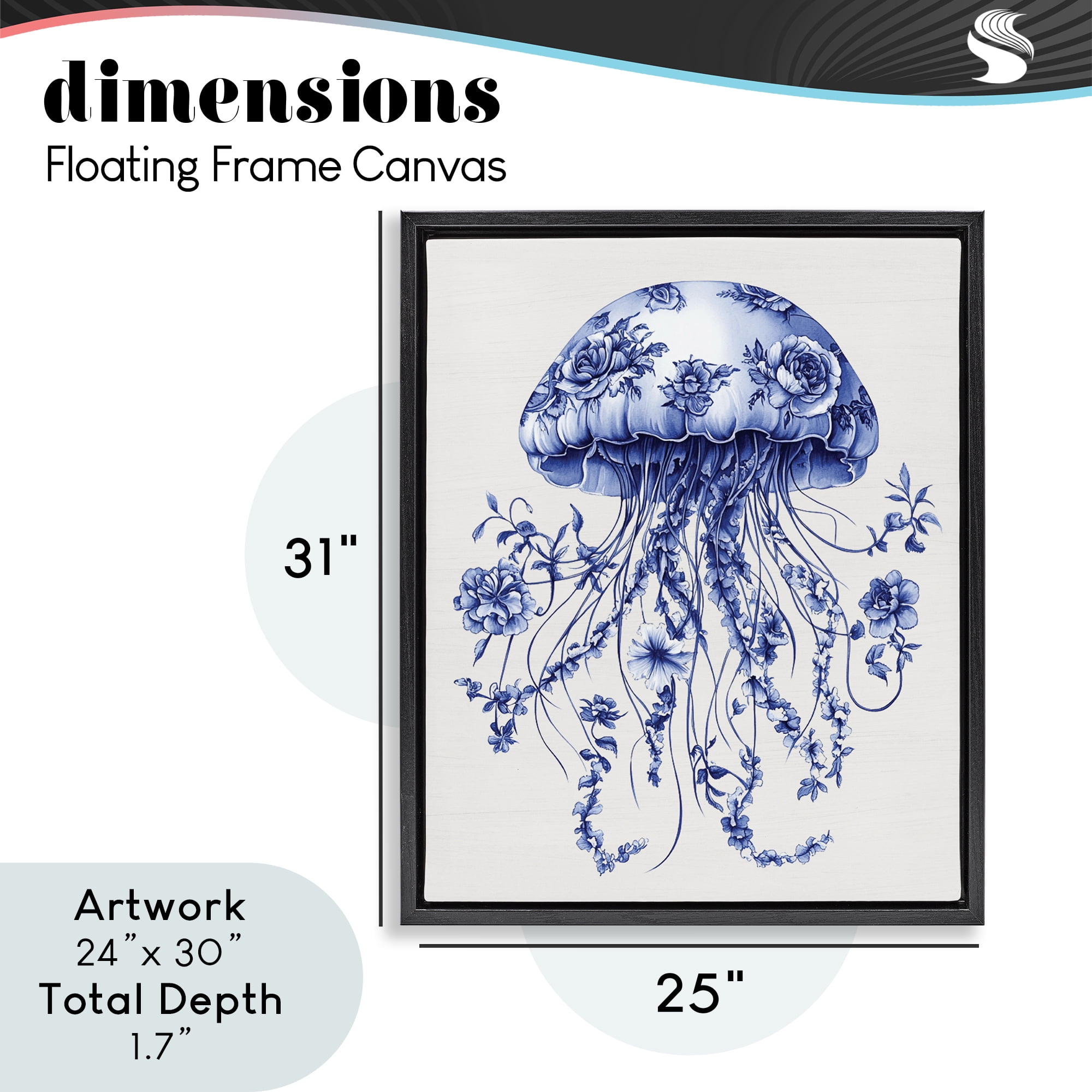 Funky Vintage Toile Jellyfish Black Framed Floater Canvas Wall Art, design by Lettered and Lined