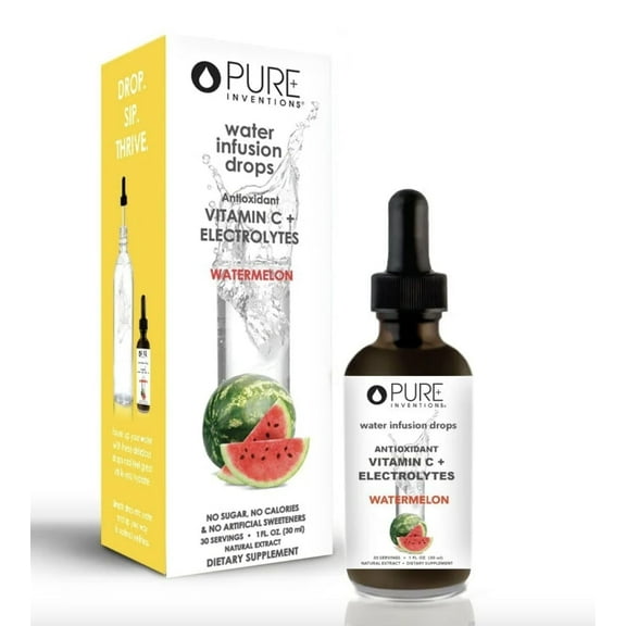 Pure Inventions Water Infusion Drops - Antioxidant Vitamin C   Electrolytes - No Sugar, Calories, or Artificial Sweeteners - Watermelon, 30 servings