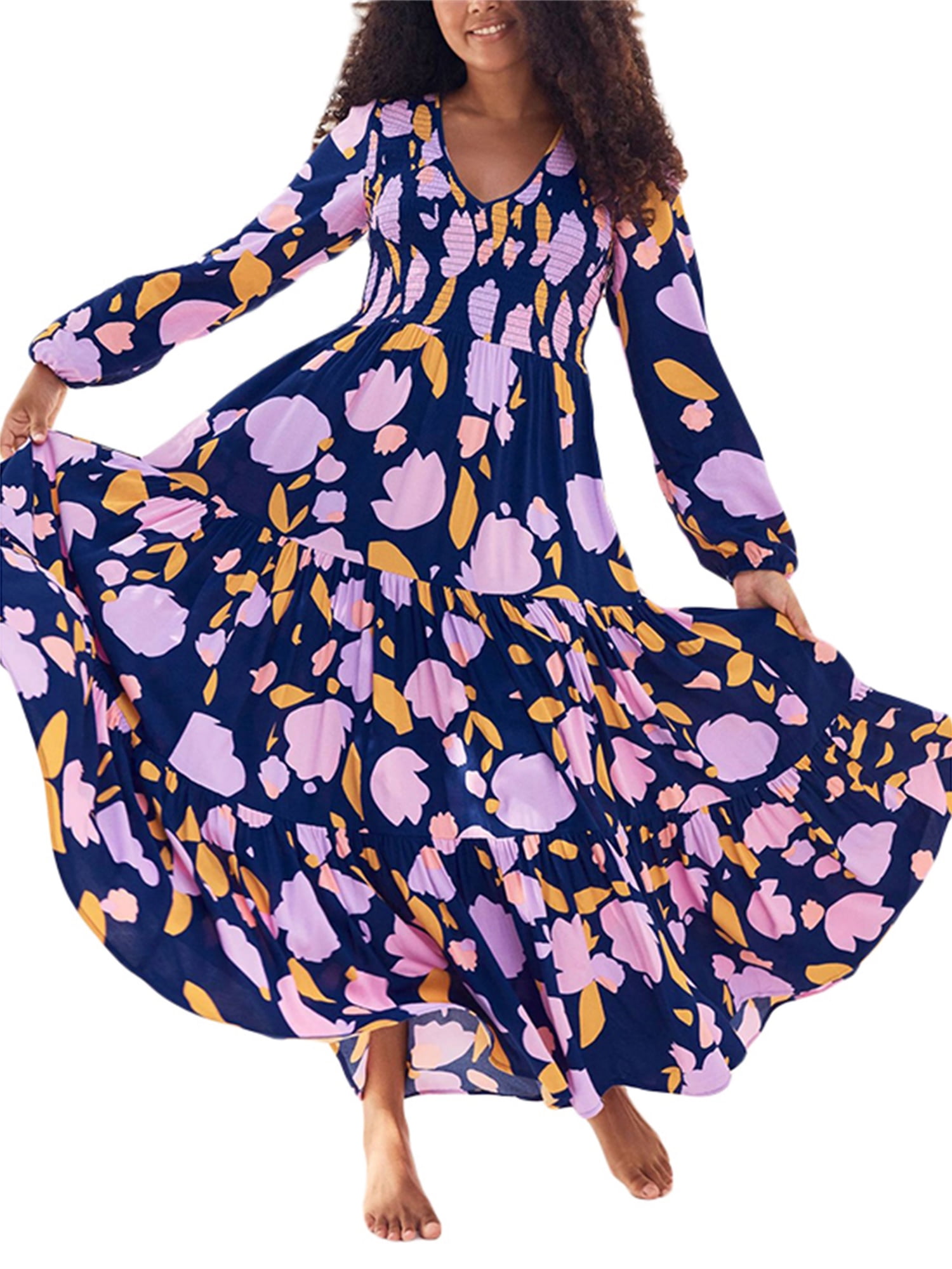 Frobukio Women Summer Casual Long Dress Floral/Dot Print VNeck 3/4