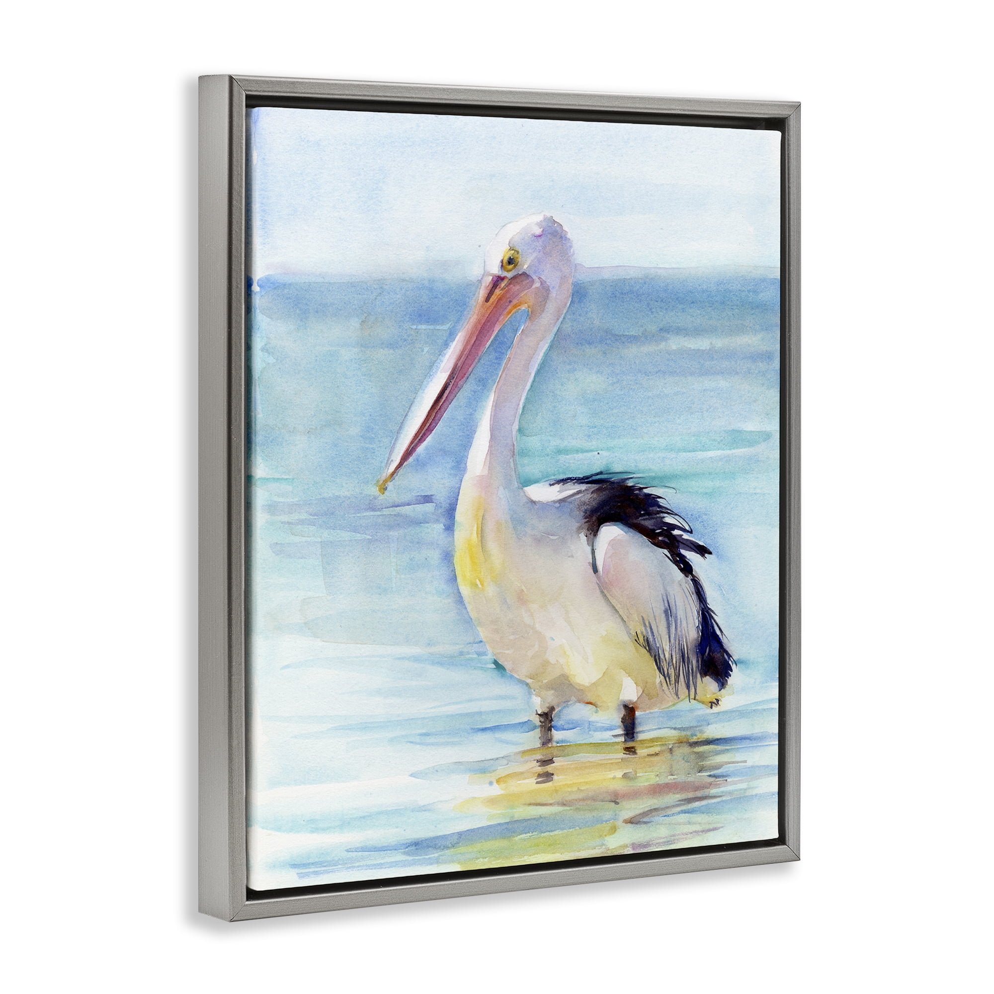 Stupell Industries Pelican Wading in Sea Nautical & Beach Painting Gray Floater Framed Canvas Art Print Wall Art, 17 x 21