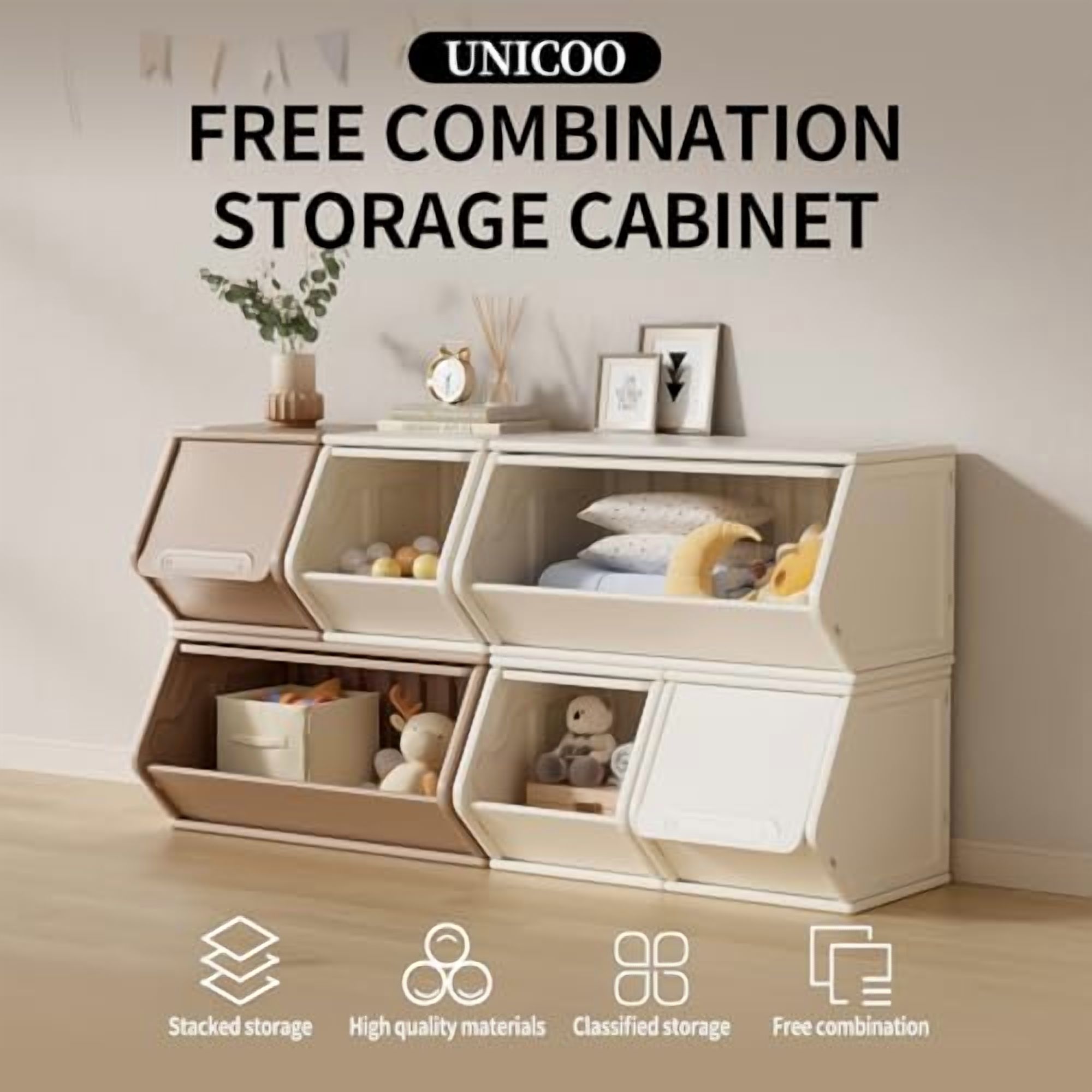UNICOO® 2+4 Free Combination Stackable Plastic Storage Cabinet w/Dust Proof Cube Containers, Customizable, Lightweight Organizer for Home, Office, School, Dorm (2+4 Coffee & Cream)