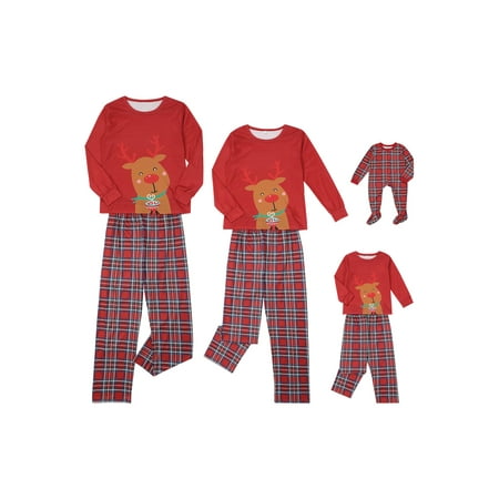 

Matching Family Pajamas Set Merry Cartoon Elk-Print Sleepwear Long Sleeve T-Shirt Plaid Pants Women Men Kids Baby