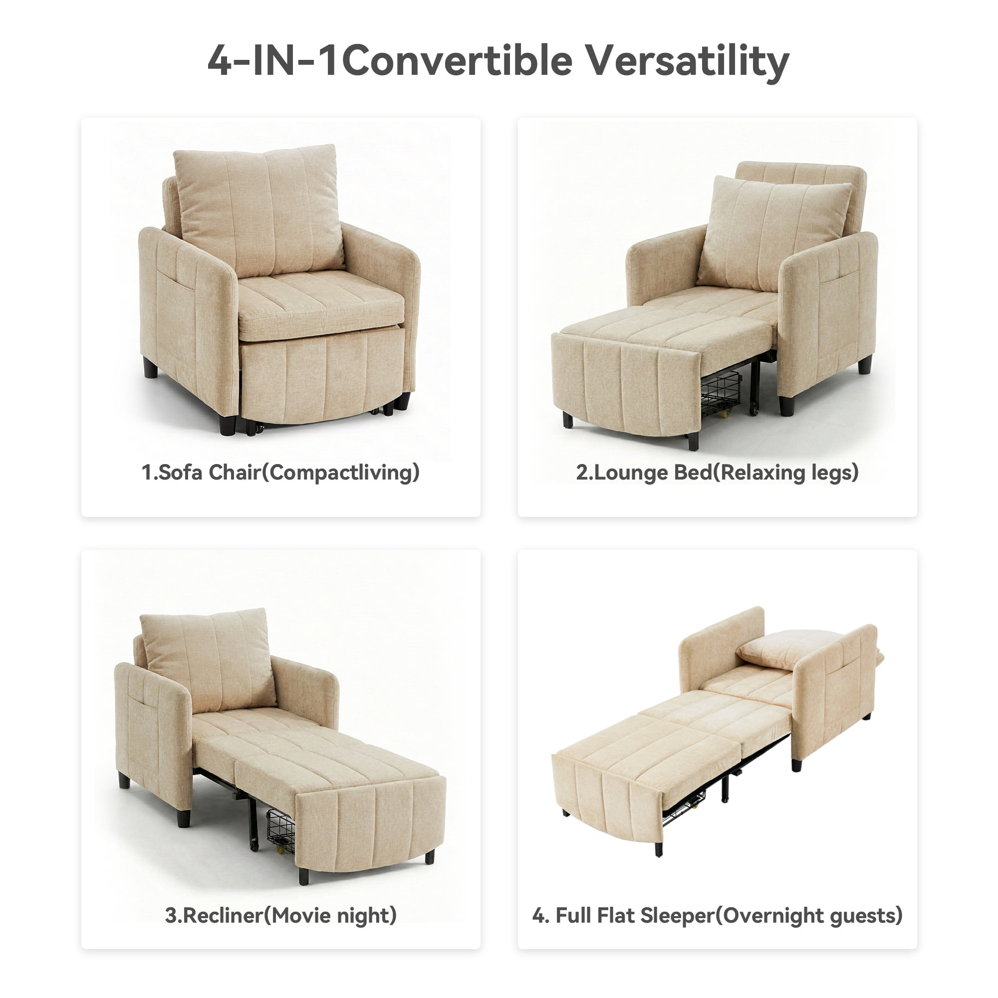 YIKEMA 4-in-1 Convertible Sleeper Chair Bed, 84 Inch Extra Long Pull Out Sofa for Tall Guests, Adjustable Backrest Lounge with Side Storage & Metal Frame, 500 lbs Capacity, Light Brown