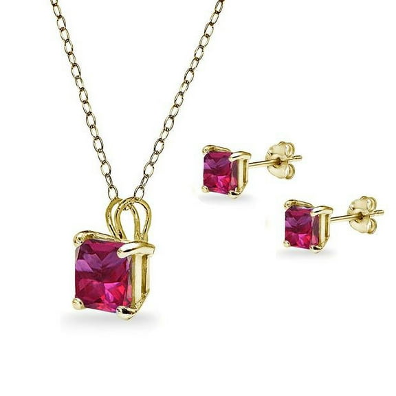 Bonjour Jewelers 18K Yellow Gold 4ct Ruby Square 18 Inch Necklace And Earrings Set Plated