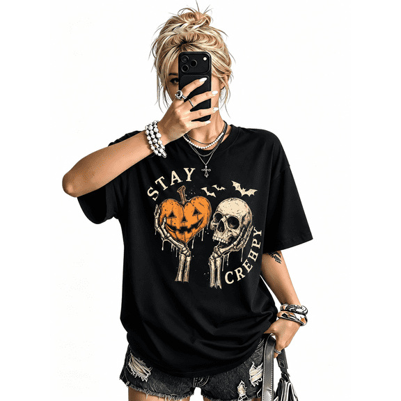 Halloween Stay Creepy Skull Pumpkin Graphic T-Shirt for Women, Black Short Sleeve Tee