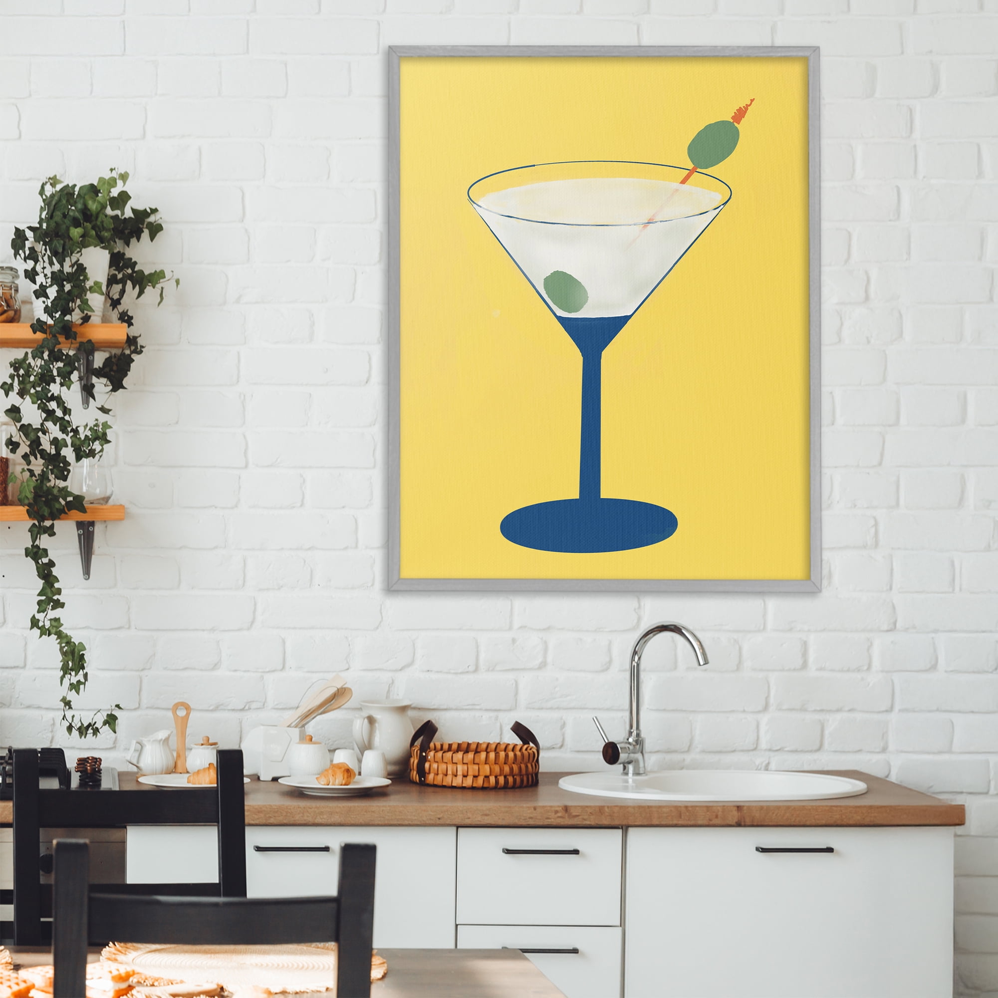 Stupell Industries Martini Glass over Yellow Gray Framed Giclee Art, design by Robin Maria