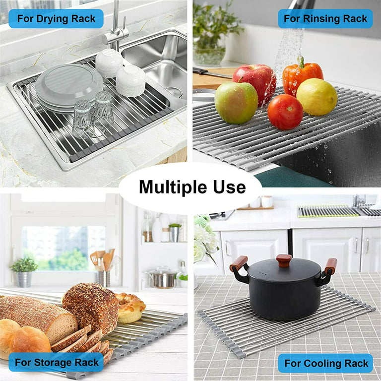  Roll Up Dish Drying Rack Over The Sink with Utensil Holder  Folding Dish Rack Dish Drainer for Kitchen Sink Counter Roll-Up Drying Rack  Foldable Dish Drying Rack Stainless Steel (20x11)