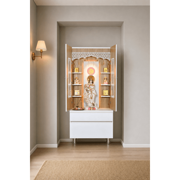5.5' x 2.5' Premium White Finish Mandir with doors
