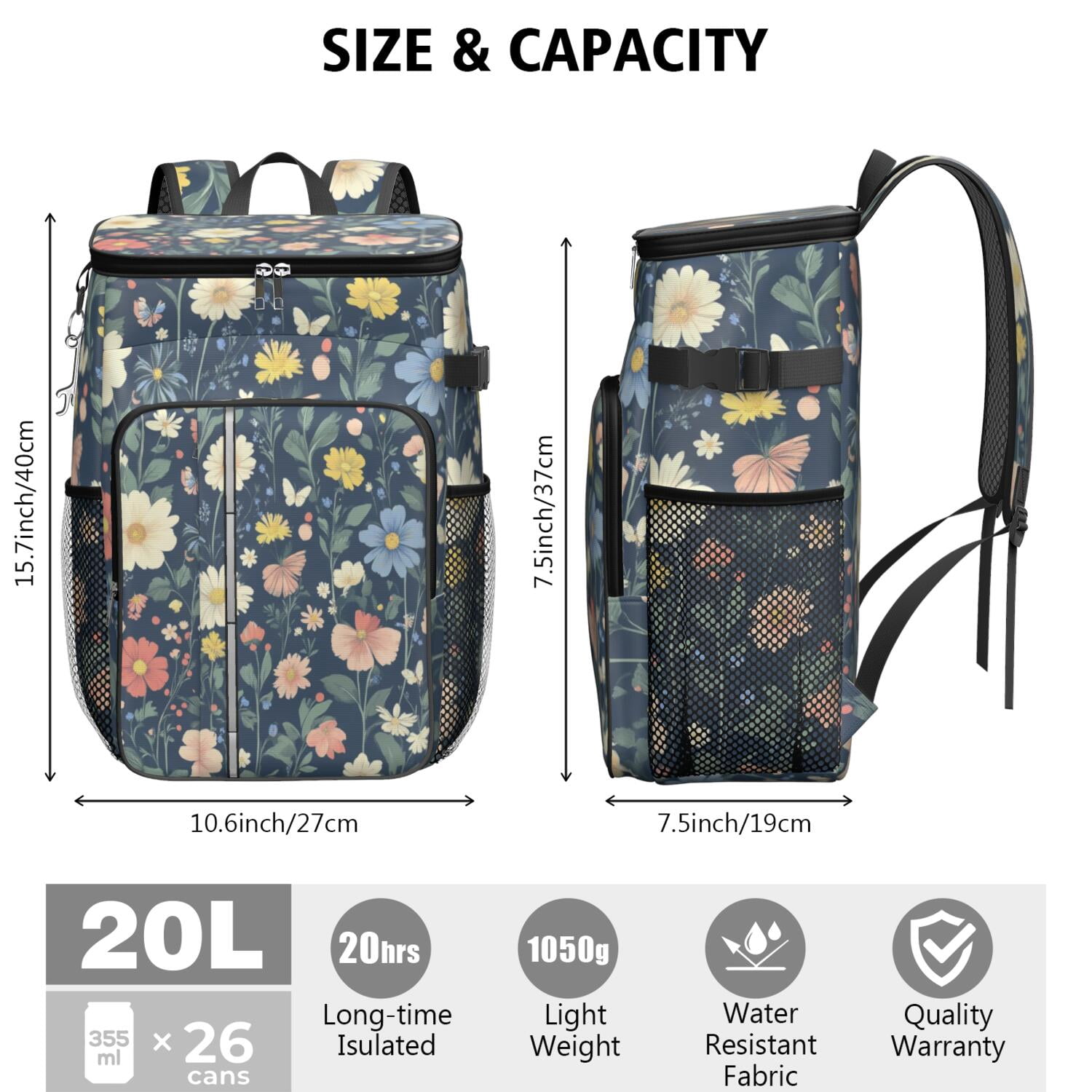 Travel Cooler Bag - Pioneer Flower Floral Print Pattern Camping Beer Cooler Backpack with Bottle Opener- Waterproof Insulated Picnic Backpacks - Cooler Bag for Beach